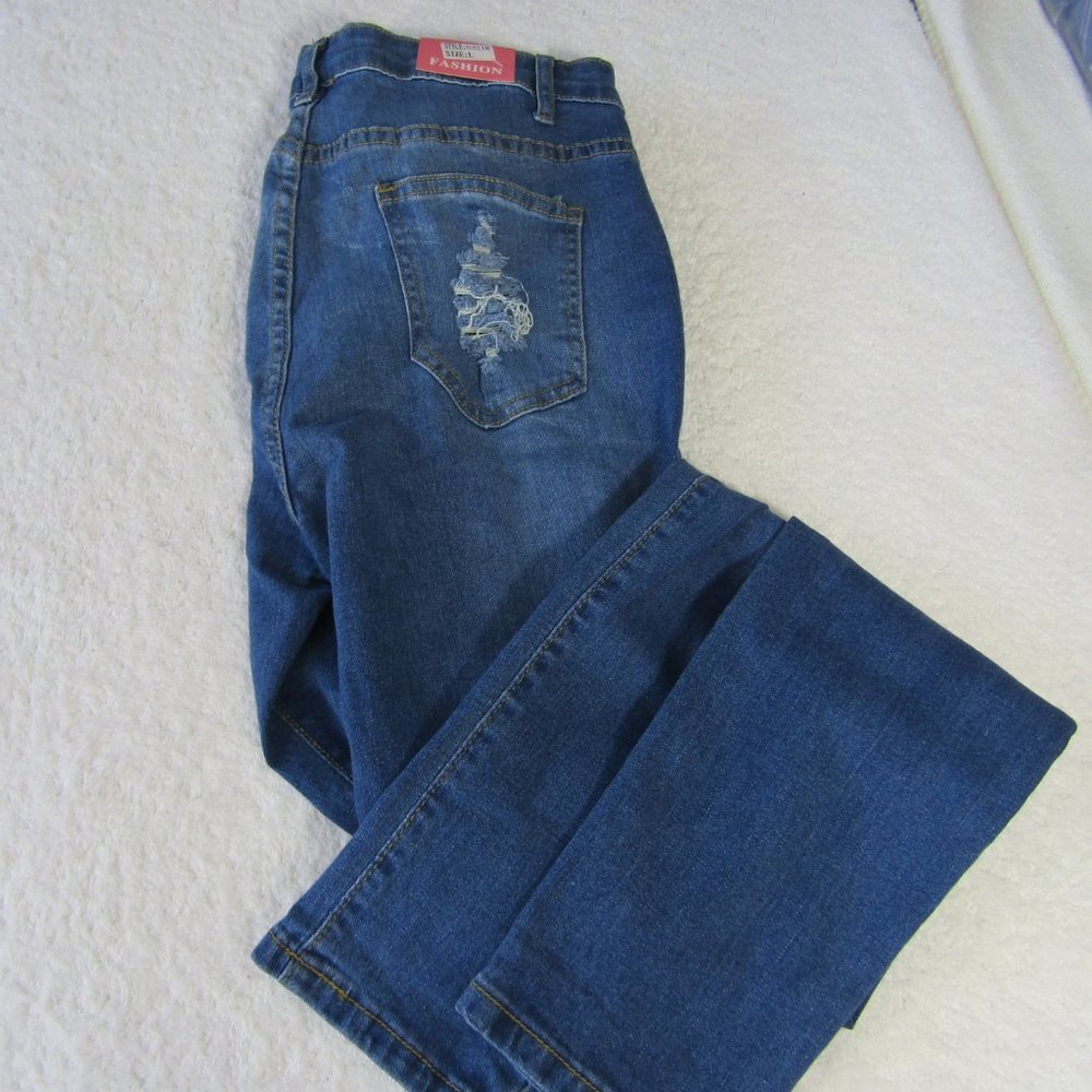 JEANS Fashion Distressed Denim Light Wash Blue Jeans Elastic Waist Women's L